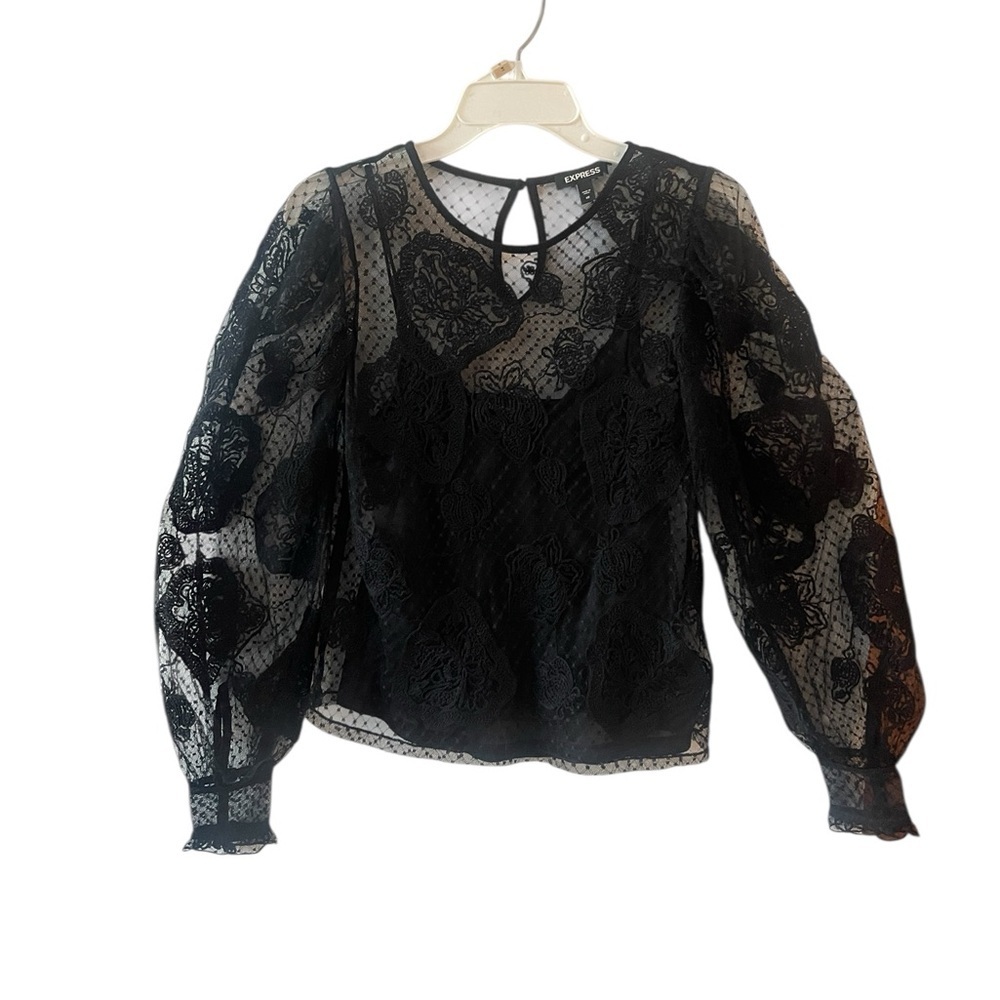 Express Lace Sheer Embroidered Blouse XS Black Long Sleeve Dressy Top - Picture 2 of 5